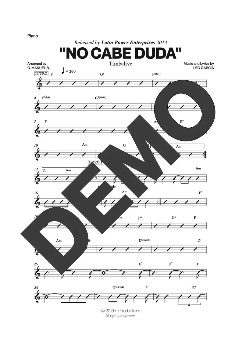 Timbalive – No Cabe Duda – Sheet Music Demo Page 3 (PDF) – Includes charts for Trumpets, Trombones, Saxophone, Piano and Bass