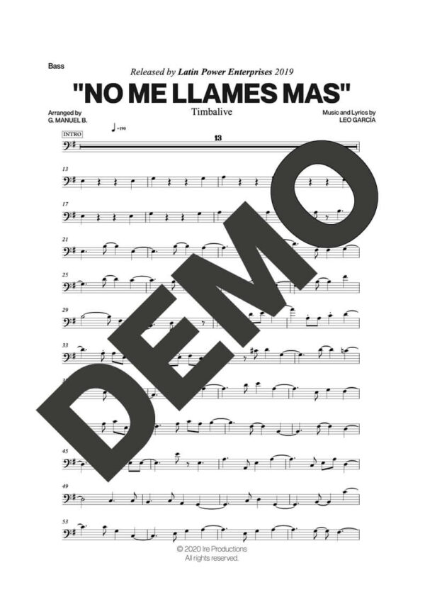 Timbalive – No Me Llames Mas – Sheet Music Demo Page 5 (PDF) – Includes charts for Trumpets, Trombones, Saxophone, Piano and Bass