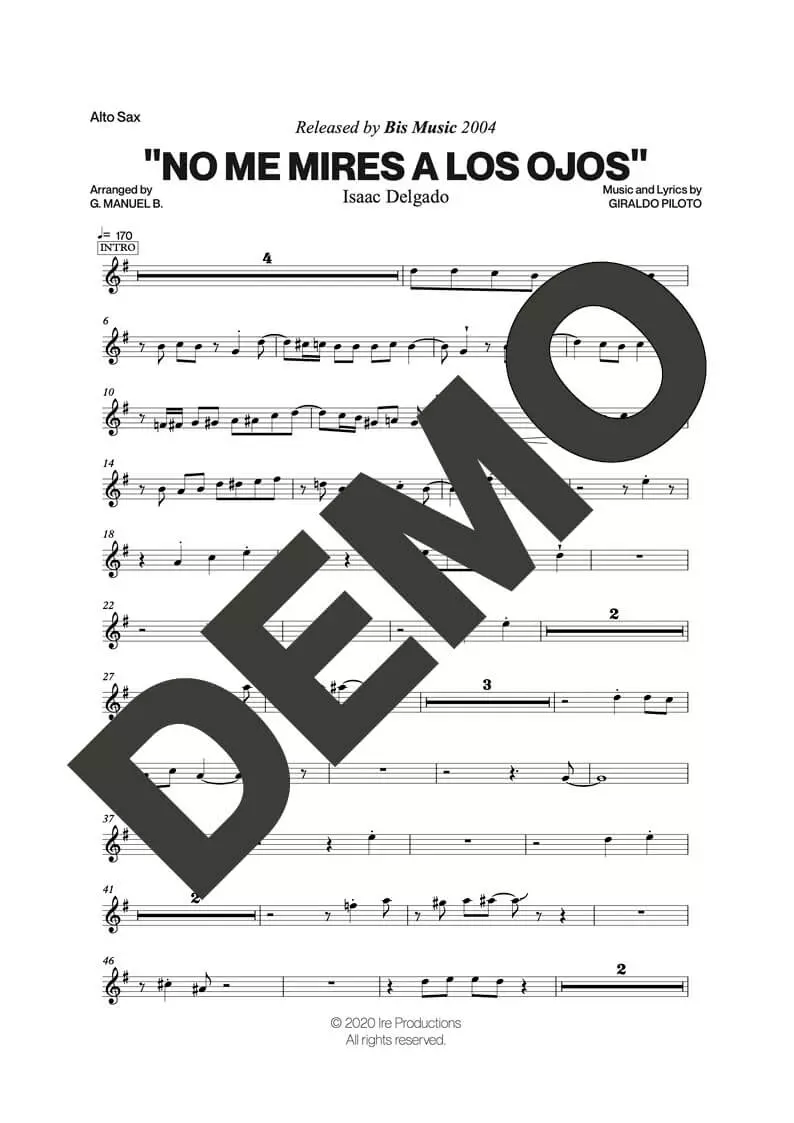 Issac Delgado – No Me Mires a los Ojos – First Page of Sheet Music Preview (PDF) – Includes charts for Trumpets, Trombones, Saxophone, Piano and Bass