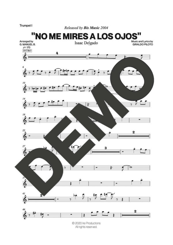 Issac Delgado – No Me Mires a los Ojos – Sheet Music Demo Page 1 (PDF) – Includes charts for Trumpets, Trombones, Saxophone, Piano and Bass