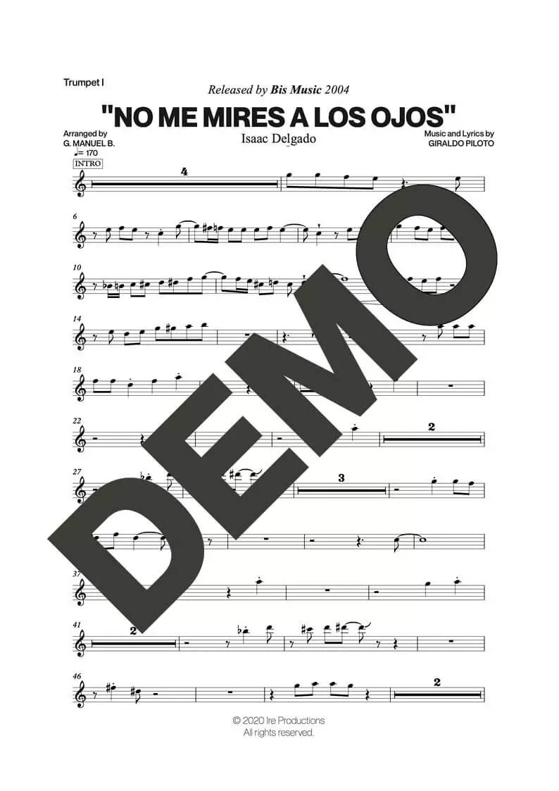 Issac Delgado – No Me Mires a los Ojos – Sheet Music Demo Page 1 (PDF) – Includes charts for Trumpets, Trombones, Saxophone, Piano and Bass