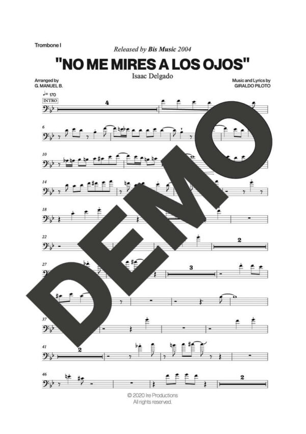 Issac Delgado – No Me Mires a los Ojos – Sheet Music Demo Page 2 (PDF) – Includes charts for Trumpets, Trombones, Saxophone, Piano and Bass