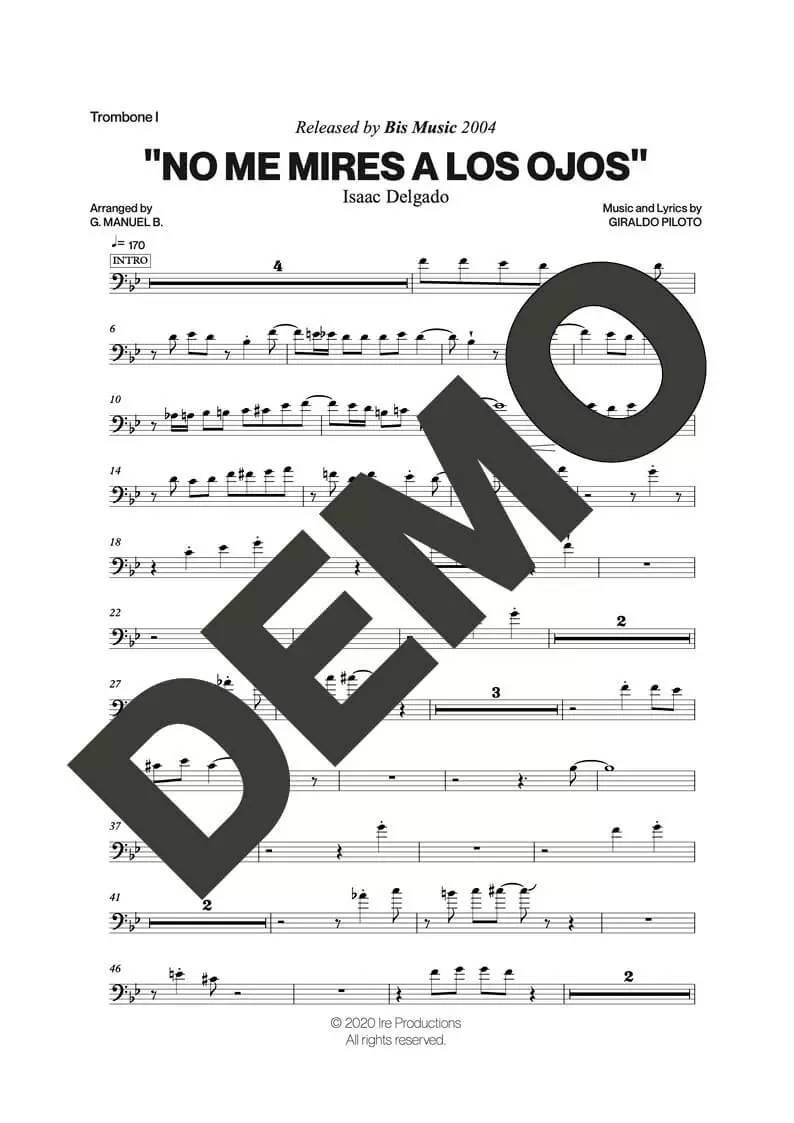 Issac Delgado – No Me Mires a los Ojos – Sheet Music Demo Page 2 (PDF) – Includes charts for Trumpets, Trombones, Saxophone, Piano and Bass