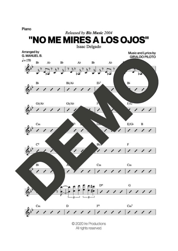 Issac Delgado – No Me Mires a los Ojos – Sheet Music Demo Page 3 (PDF) – Includes charts for Trumpets, Trombones, Saxophone, Piano and Bass