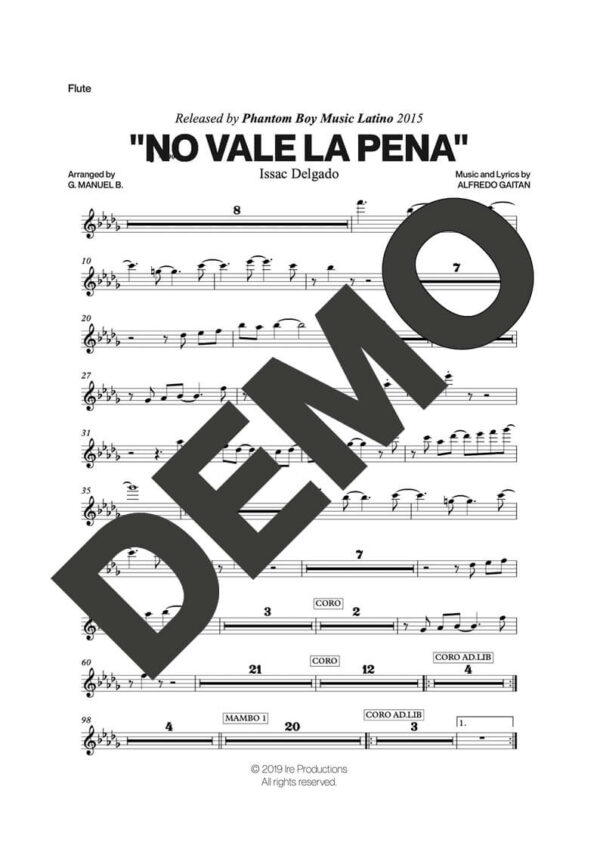 Issac Delgado – No Vale la Pena – First Page of Sheet Music Preview (PDF) – Includes charts for Trumpets, Trombones, Saxophone, Piano and Bass