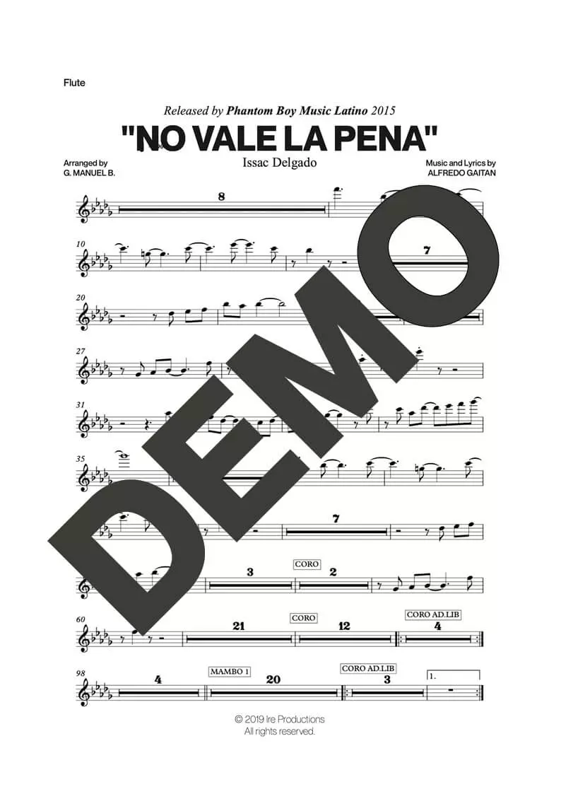 Issac Delgado – No Vale la Pena – First Page of Sheet Music Preview (PDF) – Includes charts for Trumpets, Trombones, Saxophone, Piano and Bass