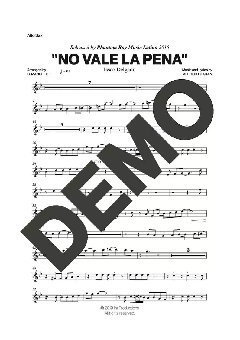 Issac Delgado – No Vale la Pena – Sheet Music Demo Page 1 (PDF) – Includes charts for Trumpets, Trombones, Saxophone, Piano and Bass