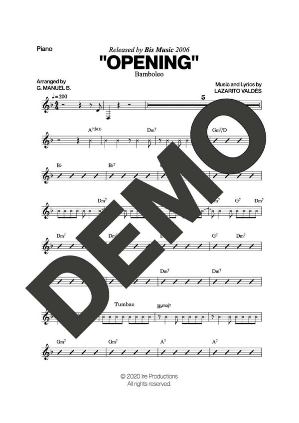 Bamboleo – Opening – Sheet Music Demo Page 3 (PDF) – Includes charts for Trumpets, Trombones, Saxophone, Piano and Bass