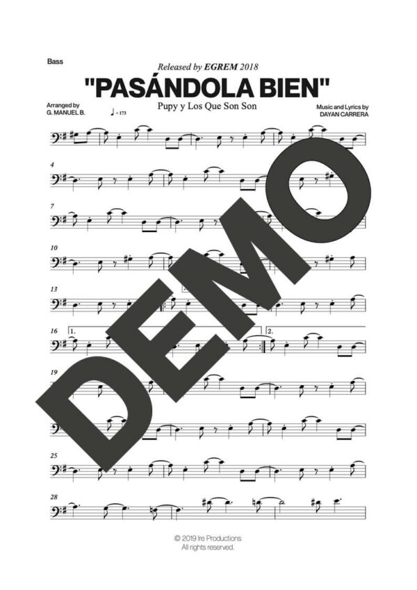 Pupy y Los Que Son Son – Pasándola Bien – Sheet Music Demo Page 3 (PDF) – Includes charts for Trumpets, Trombones, Saxophone, Piano and Bass