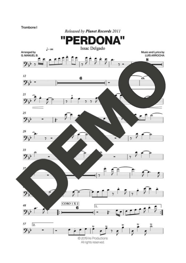 Issac Delgado – Perdona – Sheet Music Demo Page 2 (PDF) – Includes charts for Trumpets, Trombones, Saxophone, Piano and Bass