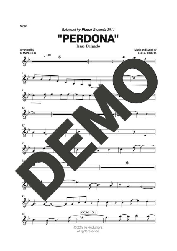 Issac Delgado – Perdona – Sheet Music Demo Page 3 (PDF) – Includes charts for Trumpets, Trombones, Saxophone, Piano and Bass