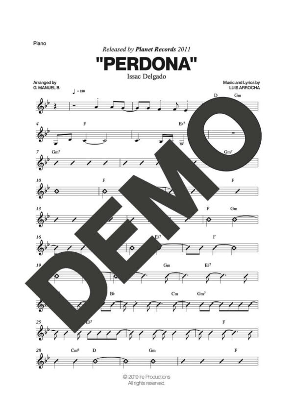 Issac Delgado – Perdona – Sheet Music Demo Page 4 (PDF) – Includes charts for Trumpets, Trombones, Saxophone, Piano and Bass