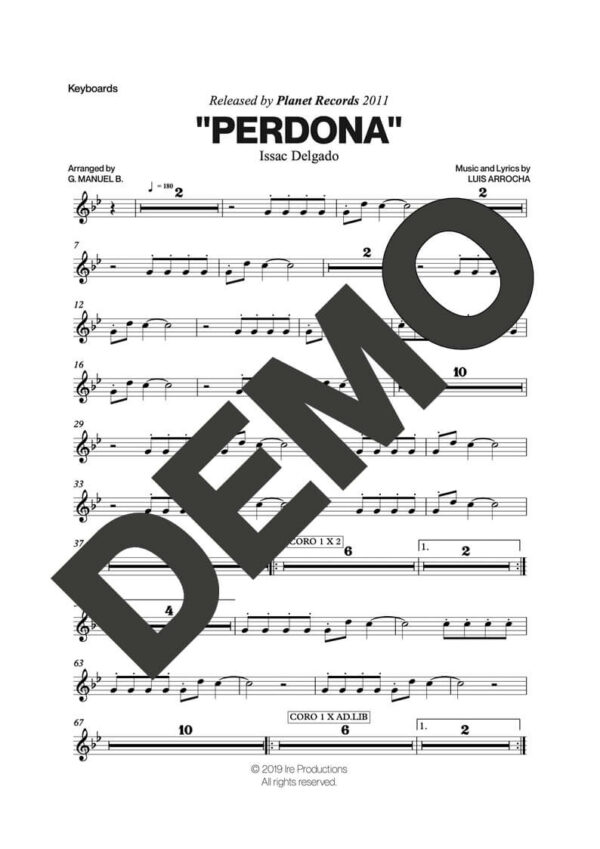 Issac Delgado – Perdona – Sheet Music Demo Page 5 (PDF) – Includes charts for Trumpets, Trombones, Saxophone, Piano and Bass