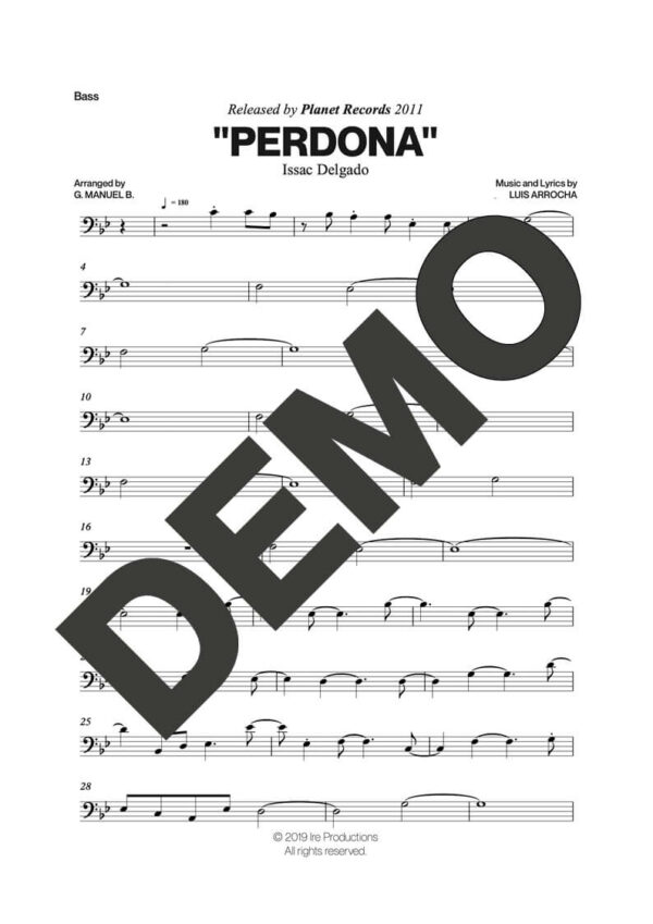 Issac Delgado – Perdona – Sheet Music Demo Page 6 (PDF) – Includes charts for Trumpets, Trombones, Saxophone, Piano and Bass