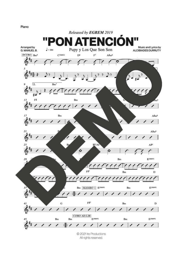 Pupy y Los Que Son Son – Pon Atención – Sheet Music Demo Page 3 (PDF) – Includes charts for Trumpets, Trombones, Saxophone, Piano and Bass