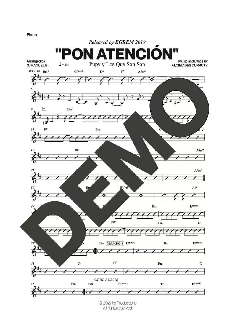 Pupy y Los Que Son Son – Pon Atención – Sheet Music Demo Page 3 (PDF) – Includes charts for Trumpets, Trombones, Saxophone, Piano and Bass