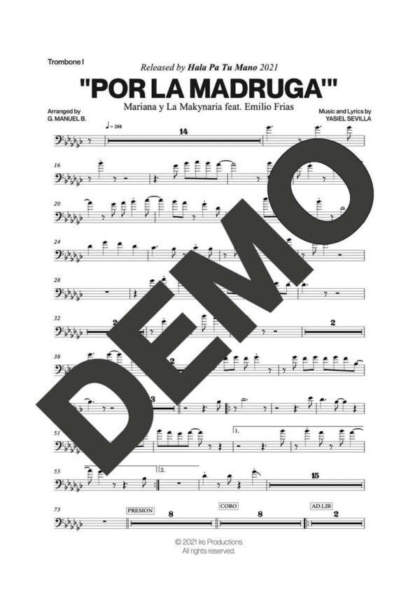 El Niño y La Verdad|Mariana y la Makynaria – Por La Madruga' – Sheet Music Demo Page 2 (PDF) – Includes charts for Trumpets, Trombones, Saxophone, Piano and Bass