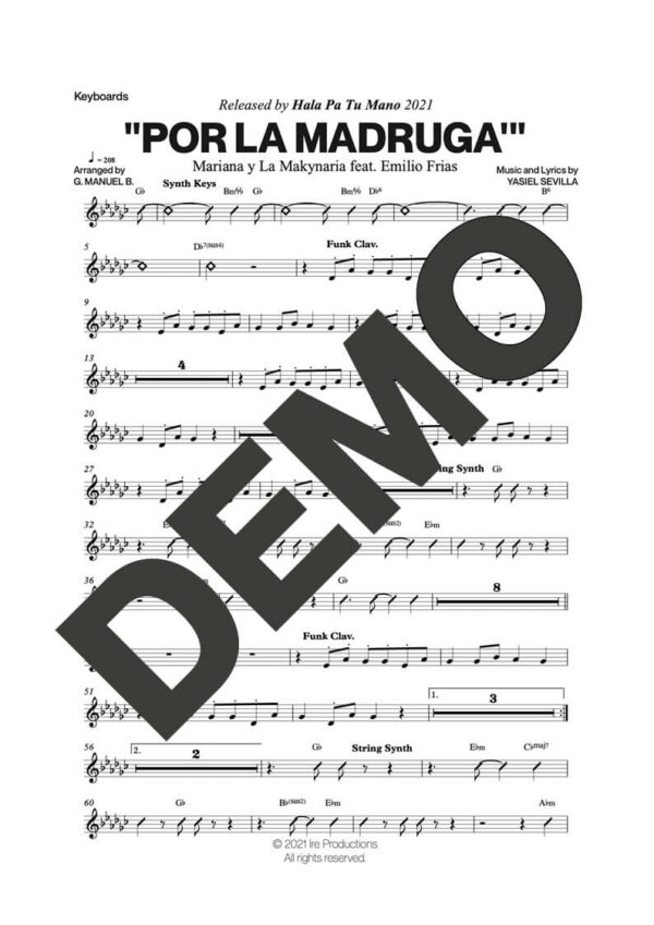 El Niño y La Verdad|Mariana y la Makynaria – Por La Madruga' – Sheet Music Demo Page 4 (PDF) – Includes charts for Trumpets, Trombones, Saxophone, Piano and Bass