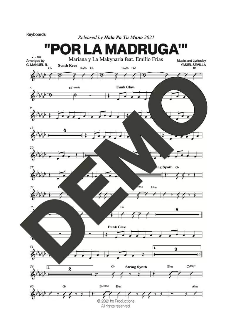 El Niño y La Verdad|Mariana y la Makynaria – Por La Madruga' – Sheet Music Demo Page 4 (PDF) – Includes charts for Trumpets, Trombones, Saxophone, Piano and Bass