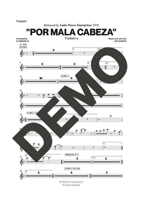 Timbalive – Por Mala Cabeza – Sheet Music Demo Page 1 (PDF) – Includes charts for Trumpets, Trombones, Saxophone, Piano and Bass
