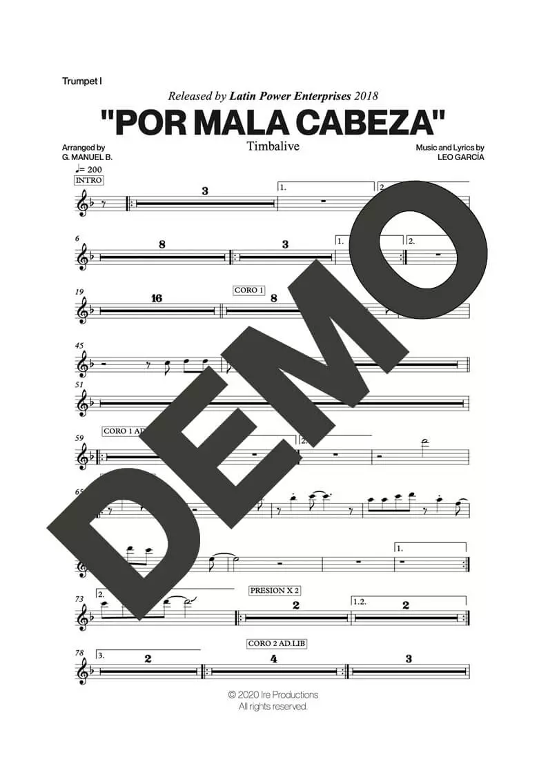 Timbalive – Por Mala Cabeza – Sheet Music Demo Page 1 (PDF) – Includes charts for Trumpets, Trombones, Saxophone, Piano and Bass
