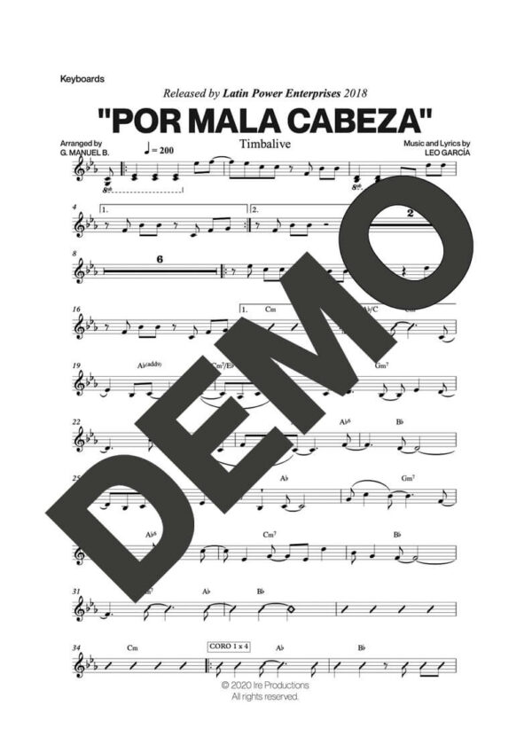 Timbalive – Por Mala Cabeza – Sheet Music Demo Page 4 (PDF) – Includes charts for Trumpets, Trombones, Saxophone, Piano and Bass