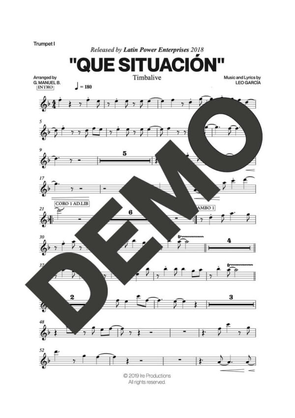 Timbalive – Que Situación – Sheet Music Demo Page 1 (PDF) – Includes charts for Trumpets, Trombones, Saxophone, Piano and Bass
