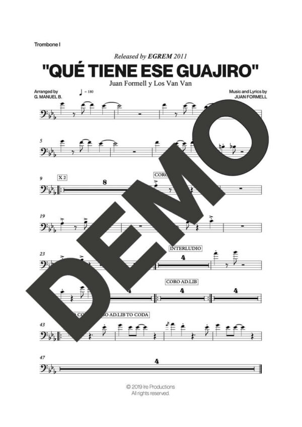 Los Van Van – Qué Tiene Ese Guajiro – Sheet Music Demo Page 1 (PDF) – Includes charts for Trumpets, Trombones, Saxophone, Piano and Bass