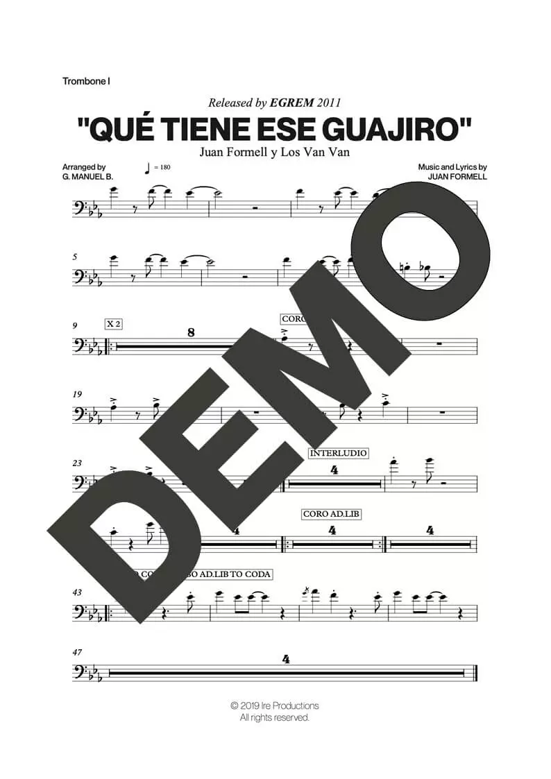 Los Van Van – Qué Tiene Ese Guajiro – Sheet Music Demo Page 1 (PDF) – Includes charts for Trumpets, Trombones, Saxophone, Piano and Bass