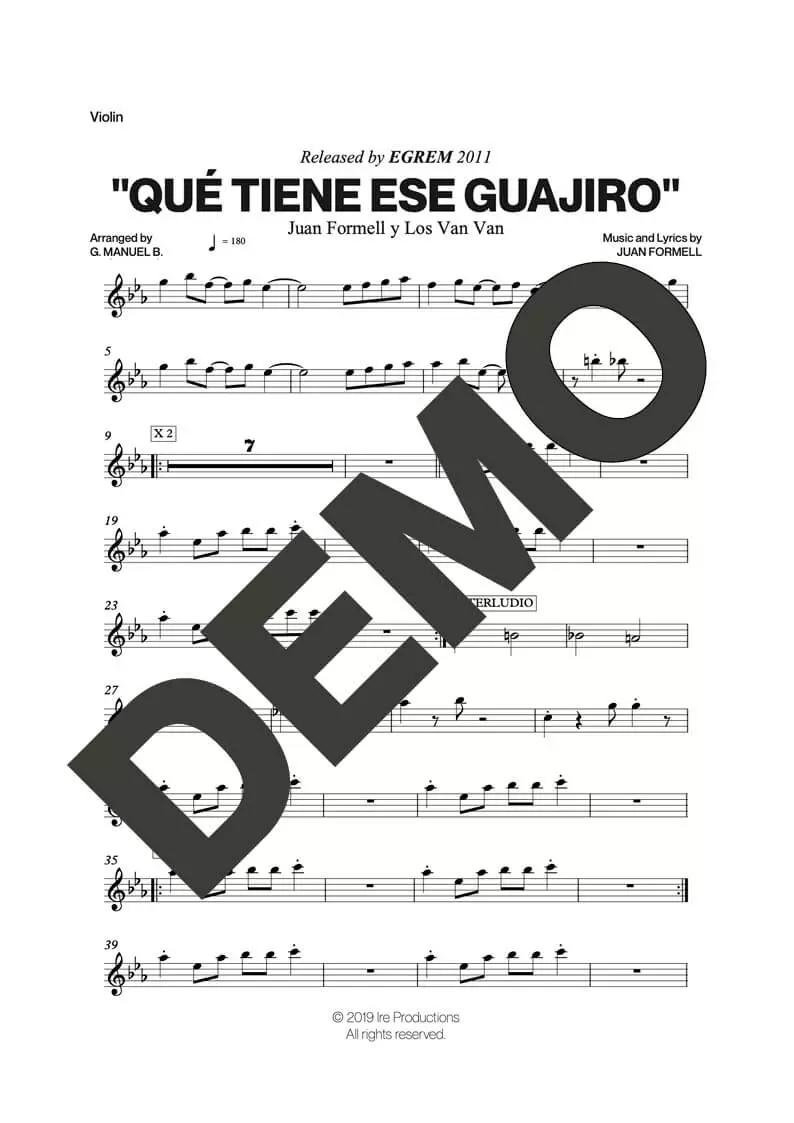Los Van Van – Qué Tiene Ese Guajiro – Sheet Music Demo Page 2 (PDF) – Includes charts for Trumpets, Trombones, Saxophone, Piano and Bass
