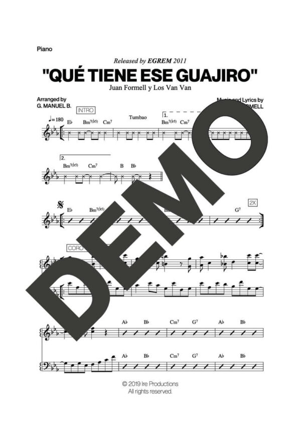 Los Van Van – Qué Tiene Ese Guajiro – Sheet Music Demo Page 3 (PDF) – Includes charts for Trumpets, Trombones, Saxophone, Piano and Bass