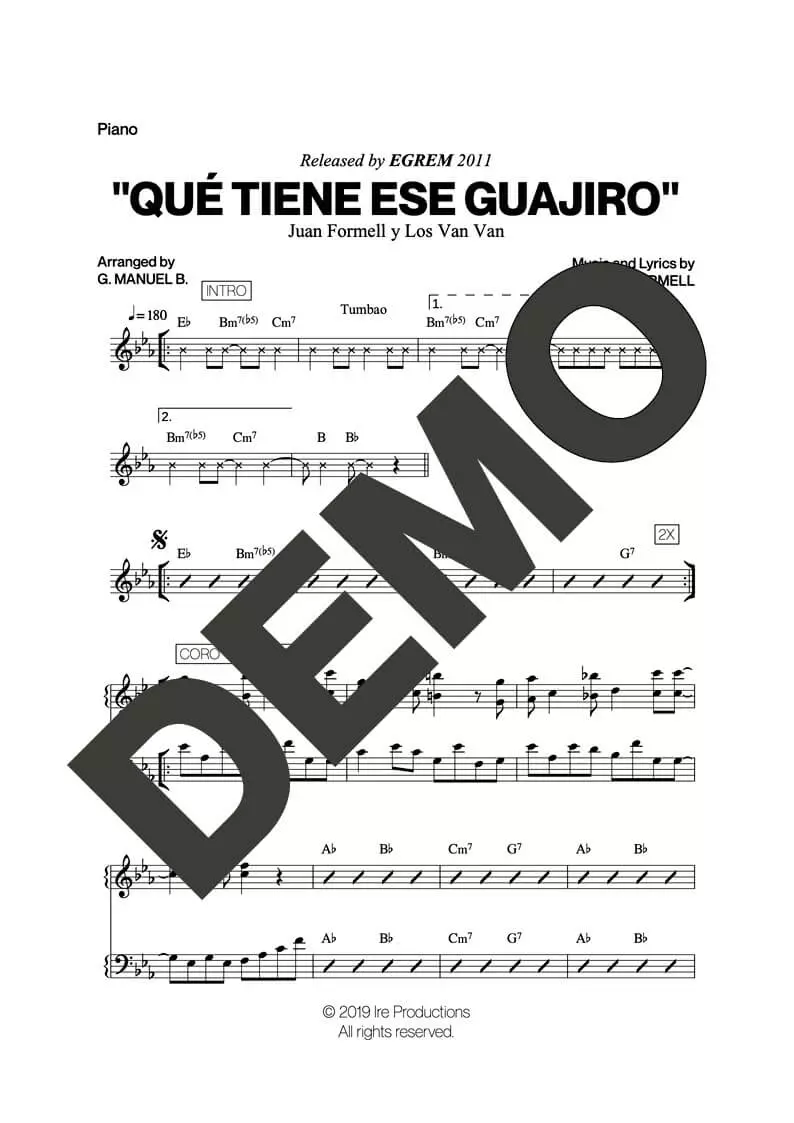 Los Van Van – Qué Tiene Ese Guajiro – Sheet Music Demo Page 3 (PDF) – Includes charts for Trumpets, Trombones, Saxophone, Piano and Bass