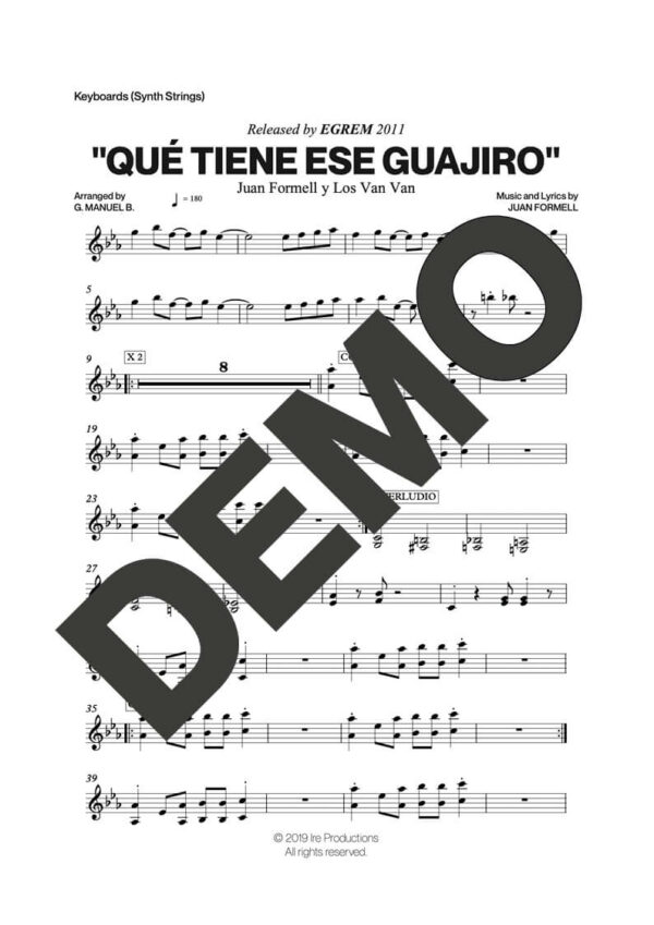 Los Van Van – Qué Tiene Ese Guajiro – Sheet Music Demo Page 4 (PDF) – Includes charts for Trumpets, Trombones, Saxophone, Piano and Bass