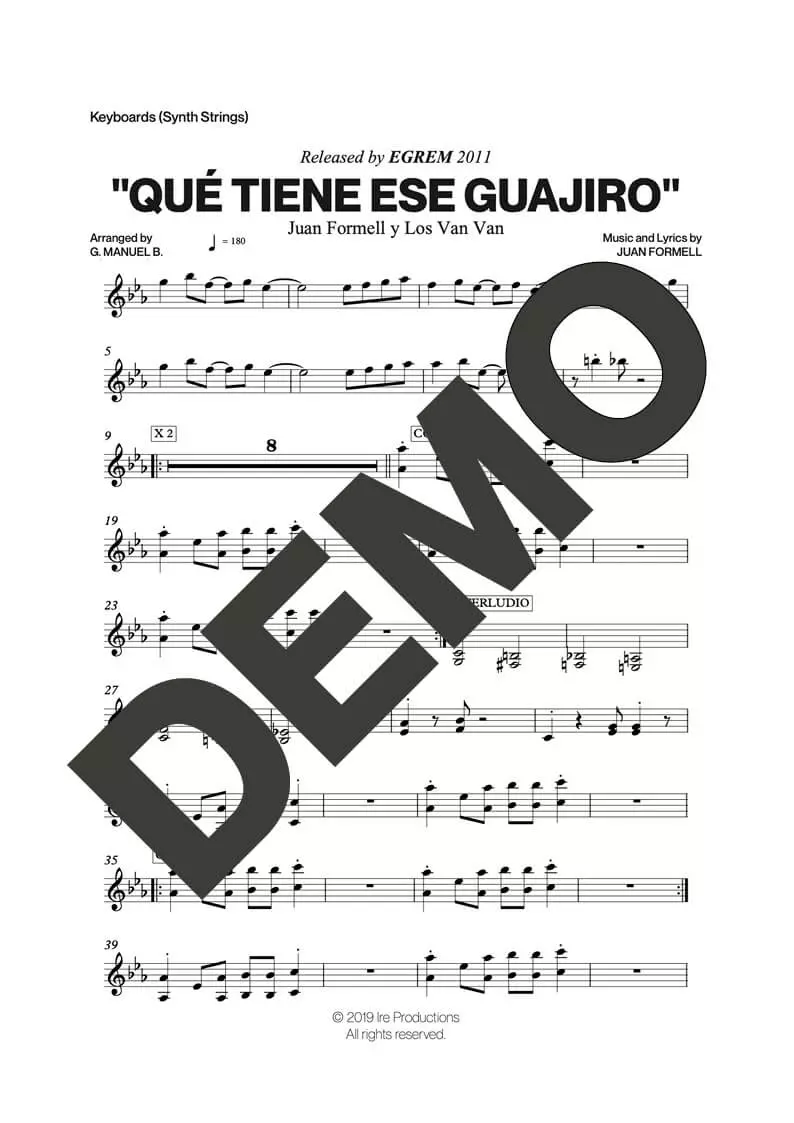 Los Van Van – Qué Tiene Ese Guajiro – Sheet Music Demo Page 4 (PDF) – Includes charts for Trumpets, Trombones, Saxophone, Piano and Bass