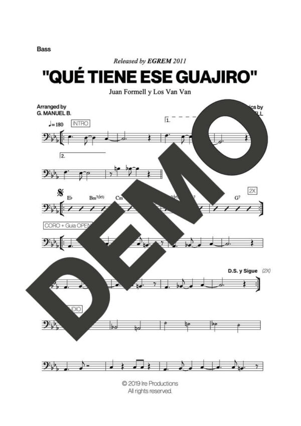Los Van Van – Qué Tiene Ese Guajiro – Sheet Music Demo Page 5 (PDF) – Includes charts for Trumpets, Trombones, Saxophone, Piano and Bass