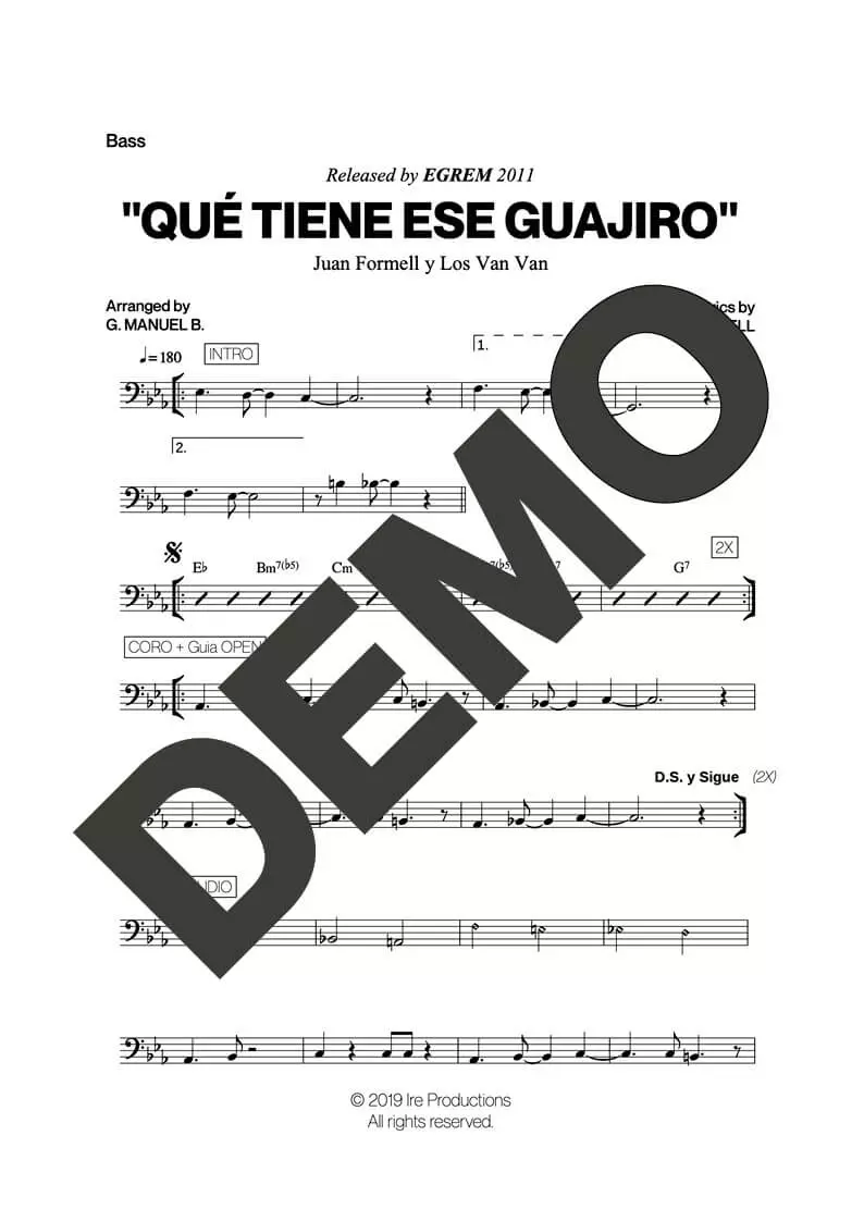 Los Van Van – Qué Tiene Ese Guajiro – Sheet Music Demo Page 5 (PDF) – Includes charts for Trumpets, Trombones, Saxophone, Piano and Bass