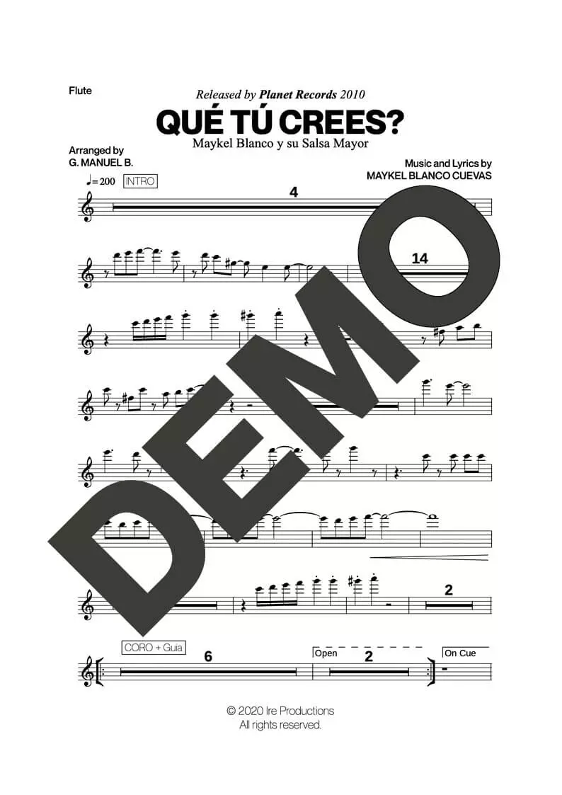 Maykel Blanco y su Salsa Mayor – Qué Tú Crees? – First Page of Sheet Music Preview (PDF) – Includes charts for Trumpets, Trombones, Saxophone, Piano and Bass