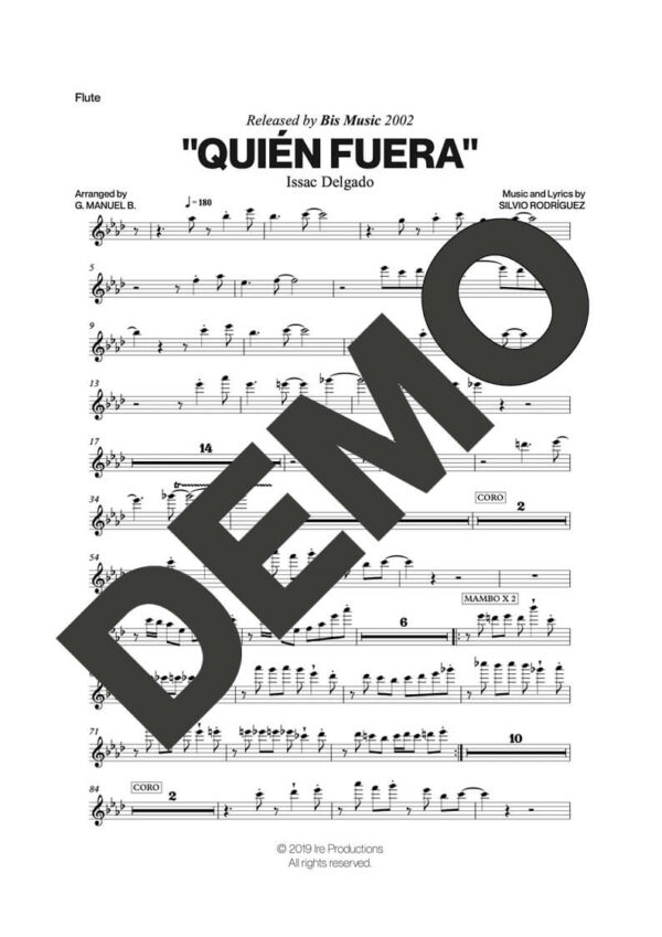 Issac Delgado – Quién Fuera – First Page of Sheet Music Preview (PDF) – Includes charts for Trumpets, Trombones, Saxophone, Piano and Bass