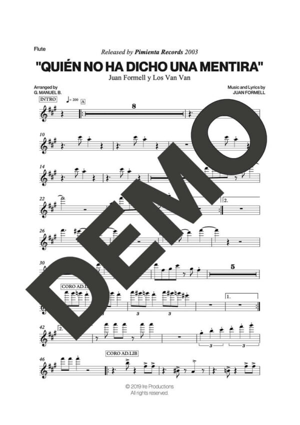 Los Van Van – Quién No Ha Dicho una Mentira – First Page of Sheet Music Preview (PDF) – Includes charts for Trumpets, Trombones, Saxophone, Piano and Bass