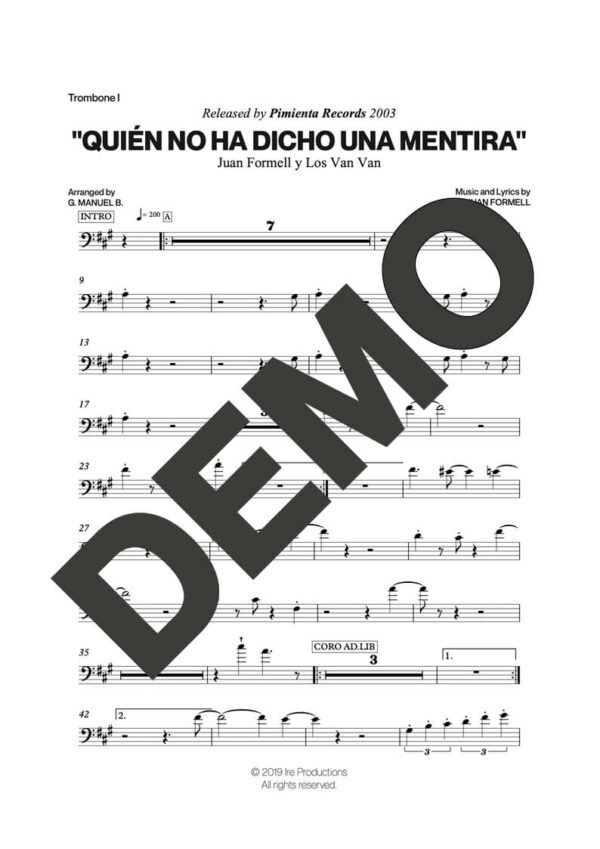 Los Van Van – Quién No Ha Dicho una Mentira – Sheet Music Demo Page 1 (PDF) – Includes charts for Trumpets, Trombones, Saxophone, Piano and Bass