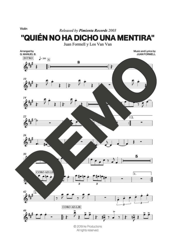 Los Van Van – Quién No Ha Dicho una Mentira – Sheet Music Demo Page 2 (PDF) – Includes charts for Trumpets, Trombones, Saxophone, Piano and Bass