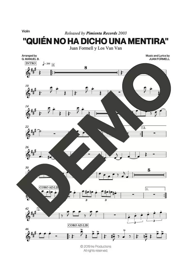 Los Van Van – Quién No Ha Dicho una Mentira – Sheet Music Demo Page 2 (PDF) – Includes charts for Trumpets, Trombones, Saxophone, Piano and Bass