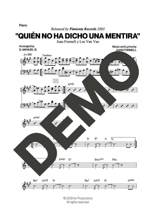 Los Van Van – Quién No Ha Dicho una Mentira – Sheet Music Demo Page 3 (PDF) – Includes charts for Trumpets, Trombones, Saxophone, Piano and Bass