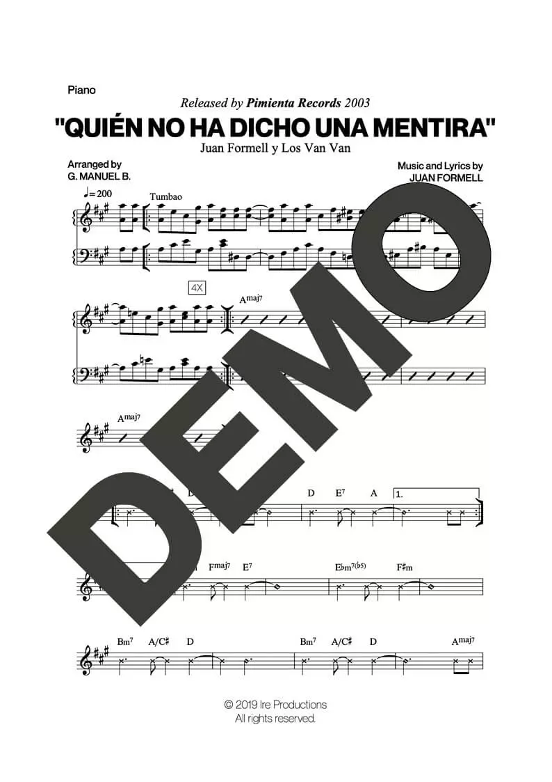 Los Van Van – Quién No Ha Dicho una Mentira – Sheet Music Demo Page 3 (PDF) – Includes charts for Trumpets, Trombones, Saxophone, Piano and Bass