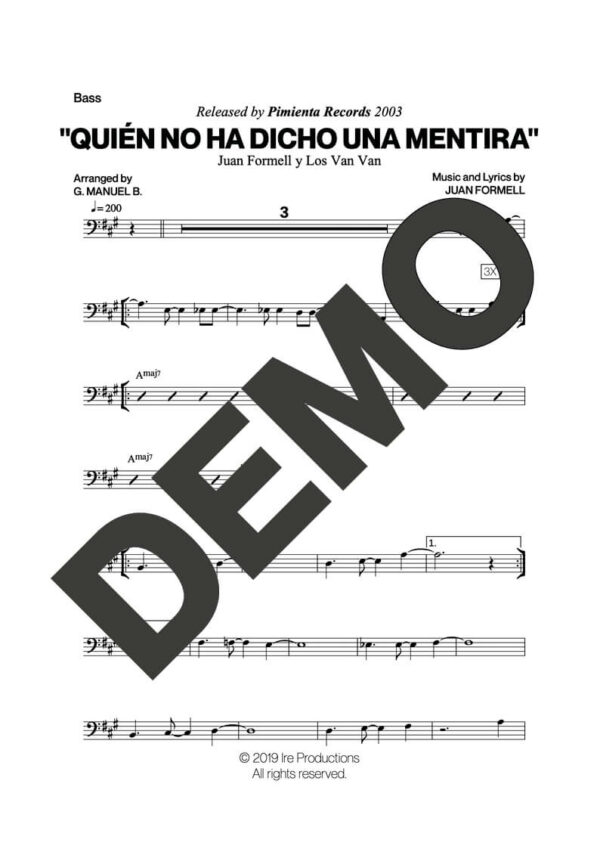 Los Van Van – Quién No Ha Dicho una Mentira – Sheet Music Demo Page 4 (PDF) – Includes charts for Trumpets, Trombones, Saxophone, Piano and Bass