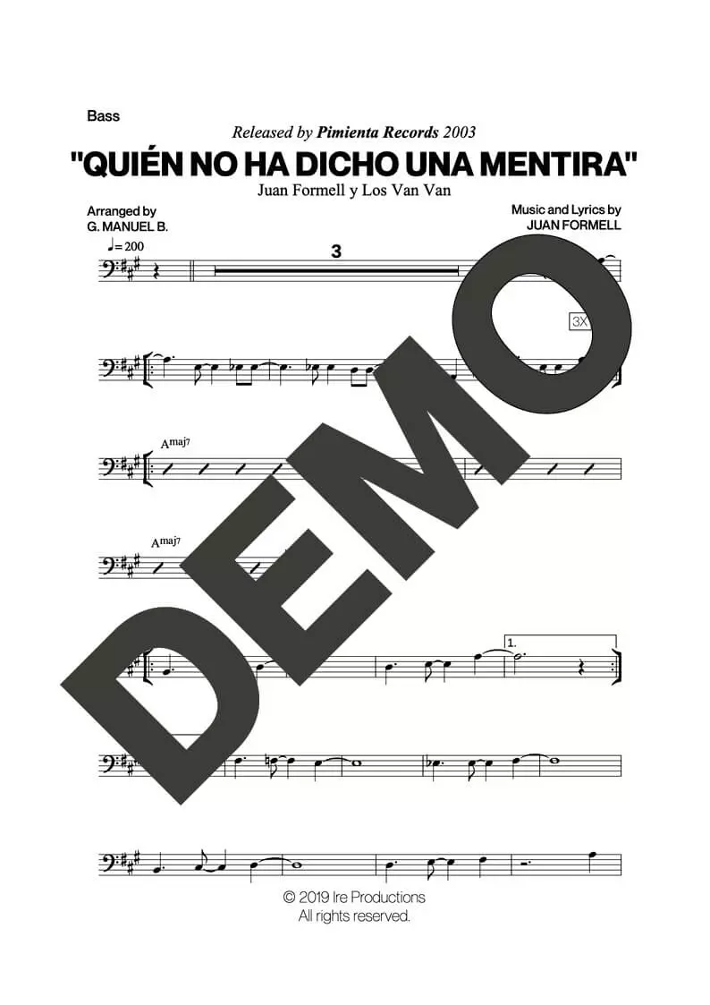 Los Van Van – Quién No Ha Dicho una Mentira – Sheet Music Demo Page 4 (PDF) – Includes charts for Trumpets, Trombones, Saxophone, Piano and Bass