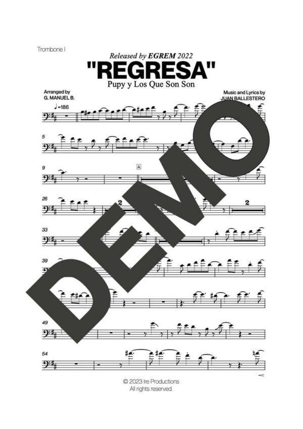 Pupy y Los Que Son Son – Regresa – Sheet Music Demo Page 1 (PDF) – Includes charts for Trumpets, Trombones, Saxophone, Piano and Bass