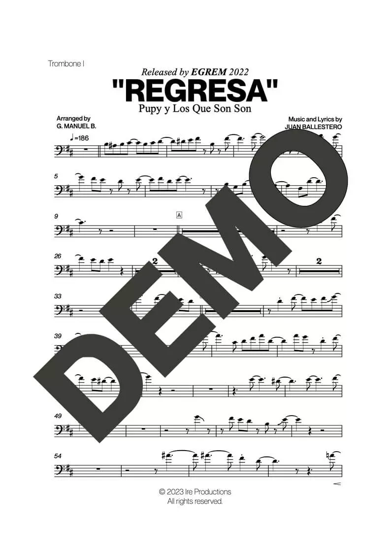 Pupy y Los Que Son Son – Regresa – Sheet Music Demo Page 1 (PDF) – Includes charts for Trumpets, Trombones, Saxophone, Piano and Bass