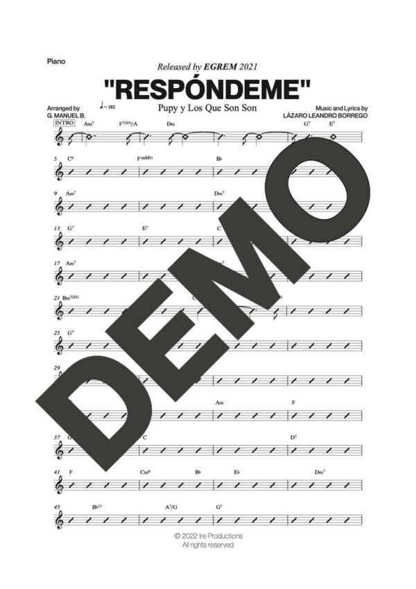 Pupy y Los Que Son Son – Respóndeme – Sheet Music Demo Page 3 (PDF) – Includes charts for Trumpets, Trombones, Saxophone, Piano and Bass