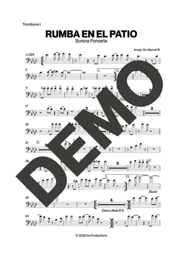 Sonora Ponceña – Rumba En El Patio – Sheet Music Demo Page 1 (PDF) – Includes charts for Trumpets, Trombones, Saxophone, Piano and Bass